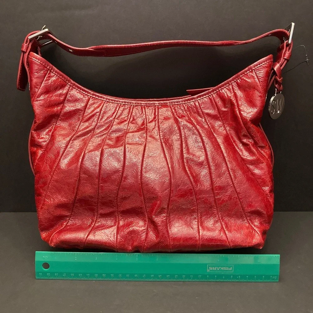 Stuart Weitzman Cala Medium‎ Bucket Bag Purse Claret Red Glass Patent Leather